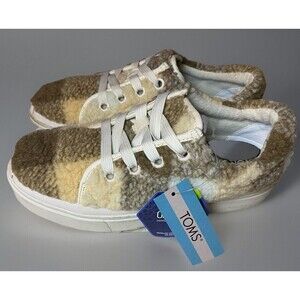 Toms Lug Shoes Women’s 7.5 Brown Beige Faux Shearling Plaid Sherpa‎ Platform